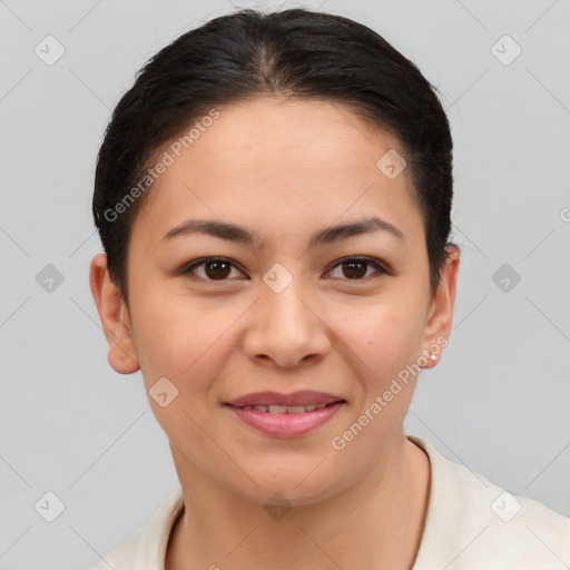 Joyful asian young-adult female with short  brown hair and brown eyes