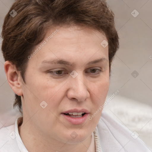 Joyful white adult female with short  brown hair and brown eyes