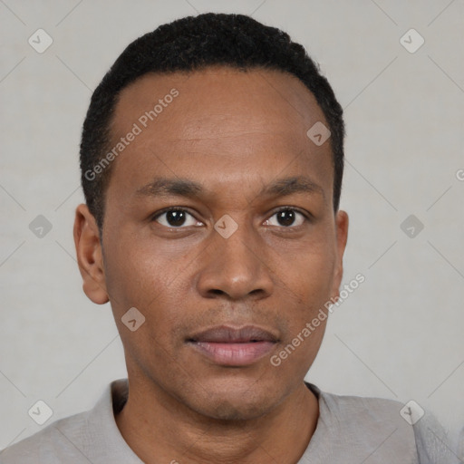 Neutral black young-adult male with short  black hair and brown eyes