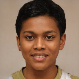Joyful latino young-adult female with short  black hair and brown eyes