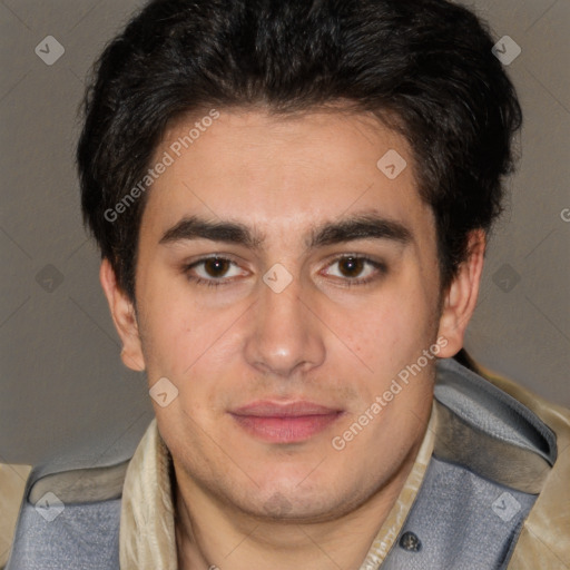 Joyful latino young-adult male with short  brown hair and brown eyes