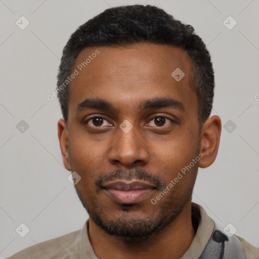 Neutral latino young-adult male with short  black hair and brown eyes