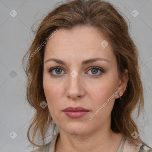 Neutral white young-adult female with medium  brown hair and grey eyes