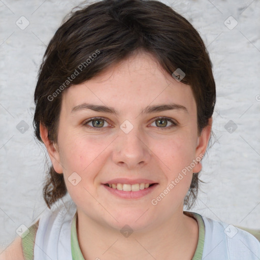 Joyful white young-adult female with medium  brown hair and blue eyes