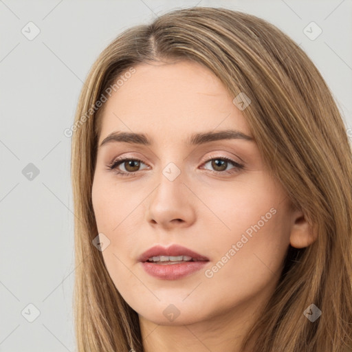 Neutral white young-adult female with long  brown hair and brown eyes