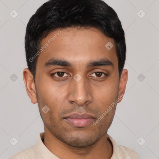 Neutral latino young-adult male with short  black hair and brown eyes