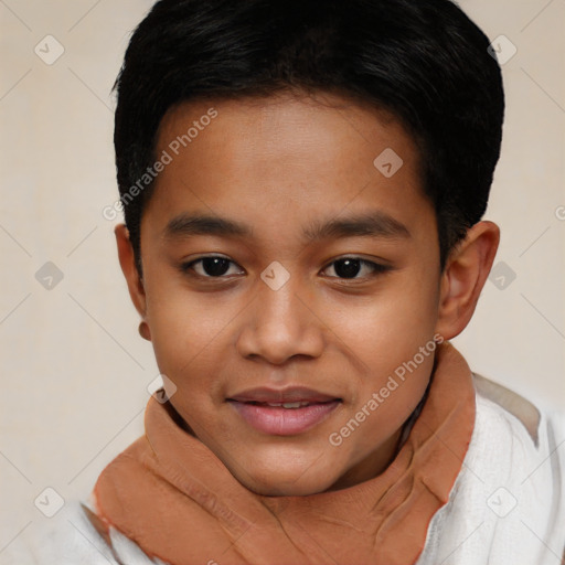 Joyful latino young-adult male with short  brown hair and brown eyes