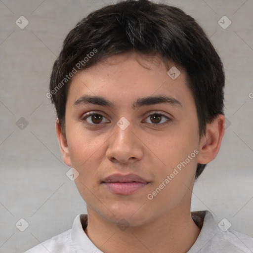 Neutral white young-adult male with short  brown hair and brown eyes