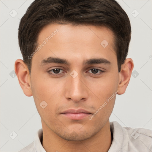 Neutral white young-adult male with short  brown hair and brown eyes