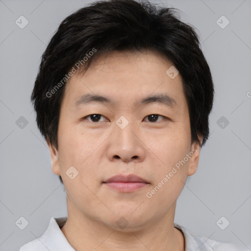 Neutral asian young-adult male with short  brown hair and brown eyes