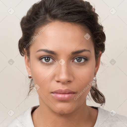 Neutral white young-adult female with short  brown hair and brown eyes