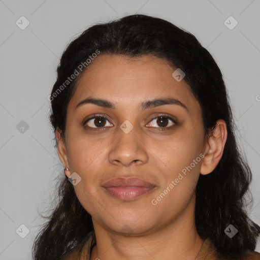 Joyful latino young-adult female with medium  black hair and brown eyes