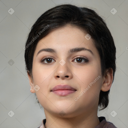 Neutral white young-adult female with medium  brown hair and brown eyes