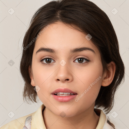 Neutral white young-adult female with medium  brown hair and brown eyes