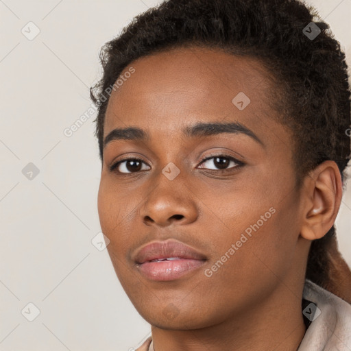 Neutral black young-adult female with short  brown hair and brown eyes