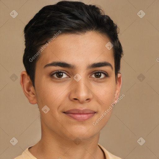 Joyful latino young-adult female with short  brown hair and brown eyes