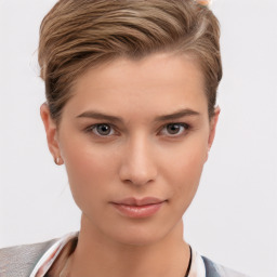 Neutral white young-adult female with short  brown hair and brown eyes