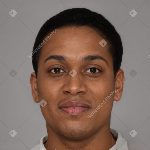 Joyful black young-adult female with short  brown hair and brown eyes