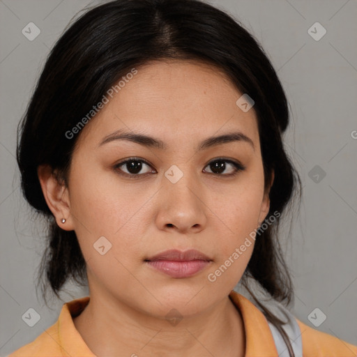 Neutral asian young-adult female with medium  brown hair and brown eyes