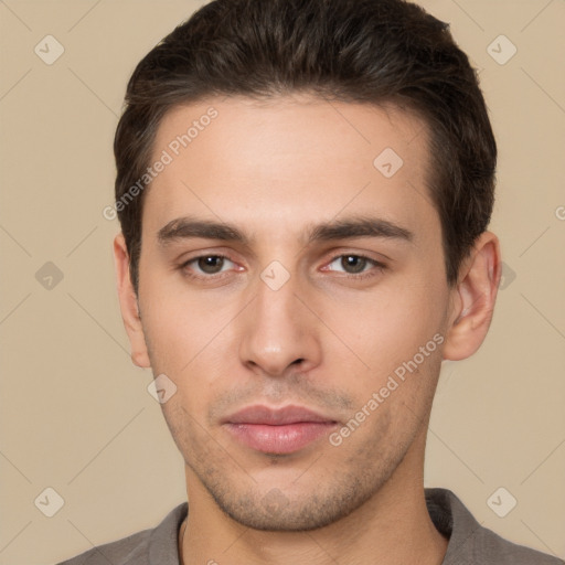 Neutral white young-adult male with short  brown hair and brown eyes