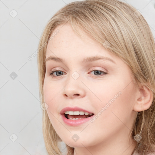 Joyful white young-adult female with long  brown hair and blue eyes