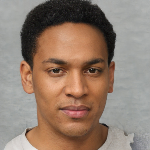 Joyful black young-adult male with short  black hair and brown eyes