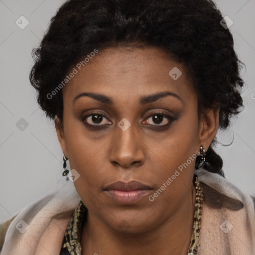 Neutral black young-adult female with short  brown hair and brown eyes