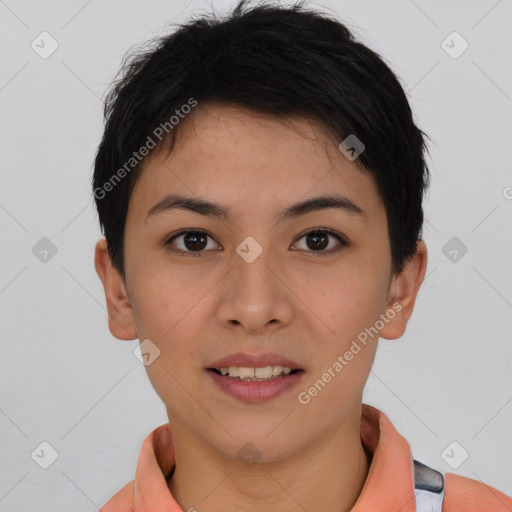 Joyful asian young-adult female with short  brown hair and brown eyes