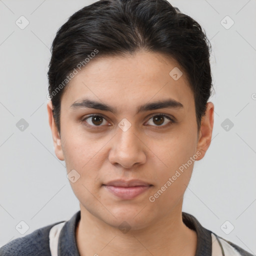 Joyful white young-adult female with short  brown hair and brown eyes