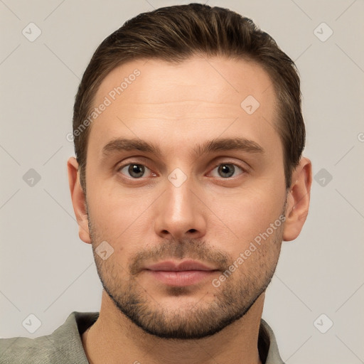 Neutral white young-adult male with short  brown hair and grey eyes