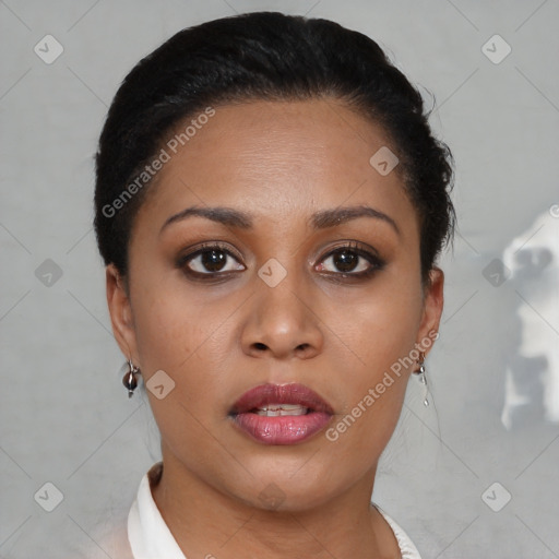 Joyful latino young-adult female with short  brown hair and brown eyes