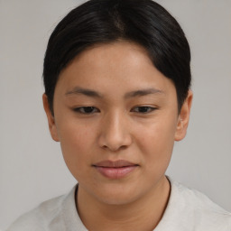 Joyful asian young-adult female with short  brown hair and brown eyes