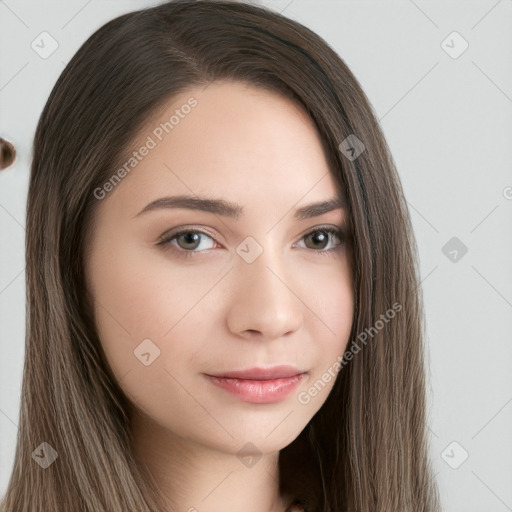 Neutral white young-adult female with long  brown hair and brown eyes