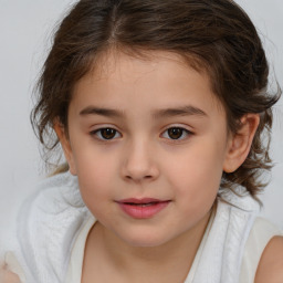 Joyful white child female with medium  brown hair and brown eyes