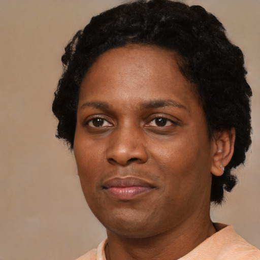 Neutral black adult female with short  black hair and brown eyes