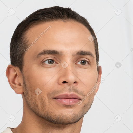 Neutral white young-adult male with short  brown hair and brown eyes