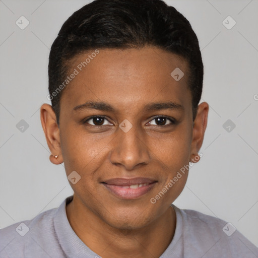 Joyful black young-adult male with short  brown hair and brown eyes