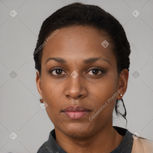 Neutral black young-adult female with short  black hair and brown eyes