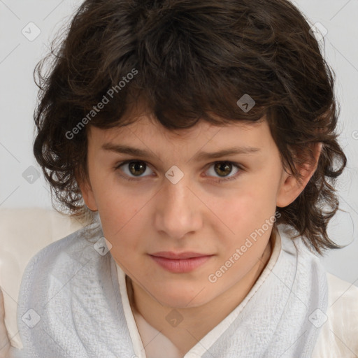 Joyful white child female with medium  brown hair and brown eyes