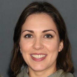 Joyful white adult female with medium  brown hair and brown eyes