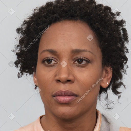 Joyful black adult female with short  brown hair and brown eyes