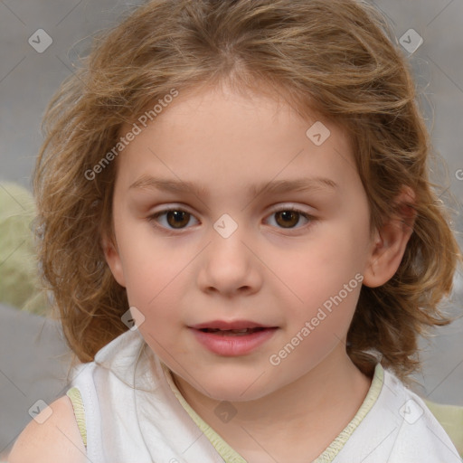 Joyful white child female with medium  brown hair and brown eyes