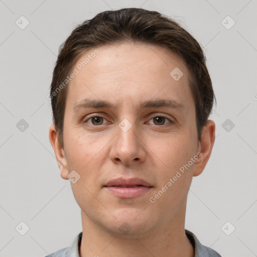 Neutral white young-adult male with short  brown hair and brown eyes