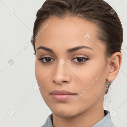 Neutral white young-adult female with medium  brown hair and brown eyes