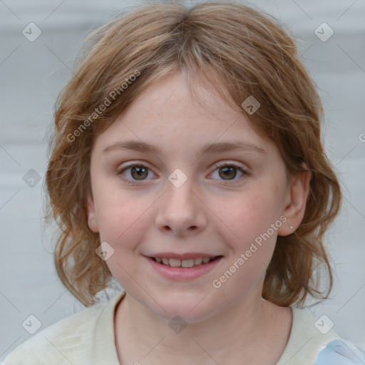 Joyful white child female with medium  brown hair and grey eyes