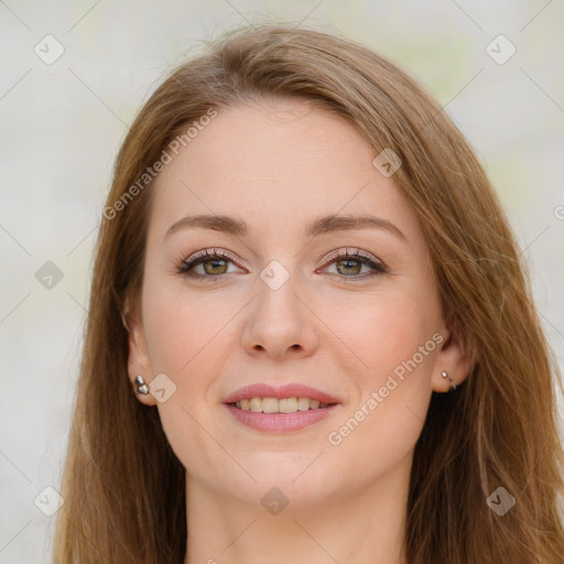 Joyful white young-adult female with long  brown hair and green eyes