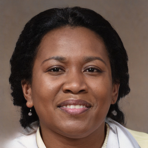 Joyful black adult female with medium  brown hair and brown eyes