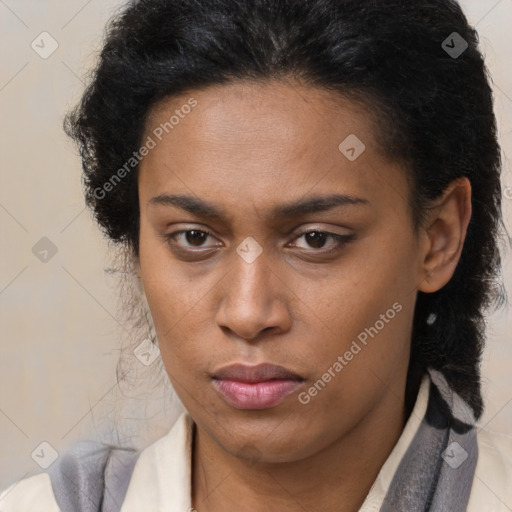 Neutral latino young-adult female with medium  brown hair and brown eyes