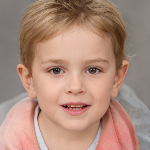 Joyful white child female with medium  brown hair and blue eyes