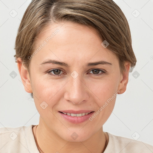 Joyful white young-adult female with short  brown hair and brown eyes